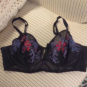 Deesse Lingerie Black Bra with Red and Purple Floral Embroidery